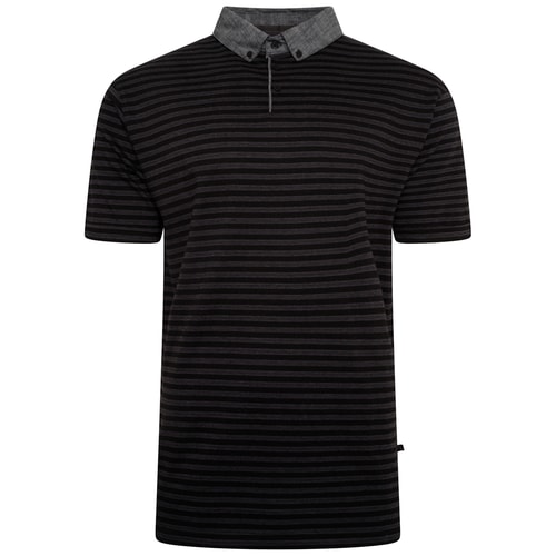 KAM Dobby Stripe Polo Shirt with Chambray Collar Black